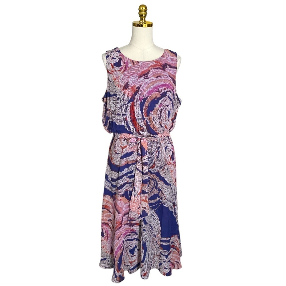 Womenโs Colorful Abstract Print Sleeveless Crewneck Midi Sundress Size 16 Summer